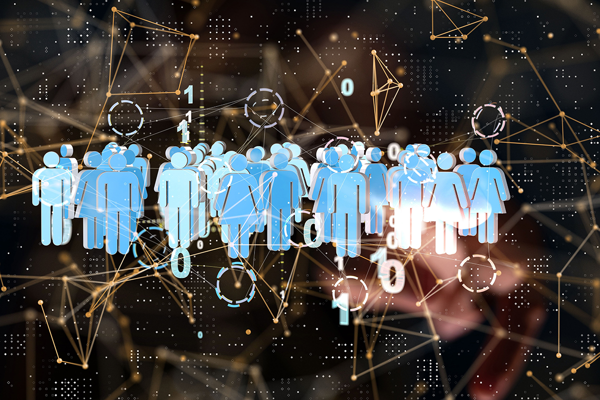 A 3D rendered hologram of a network with person icons in a cyberspace