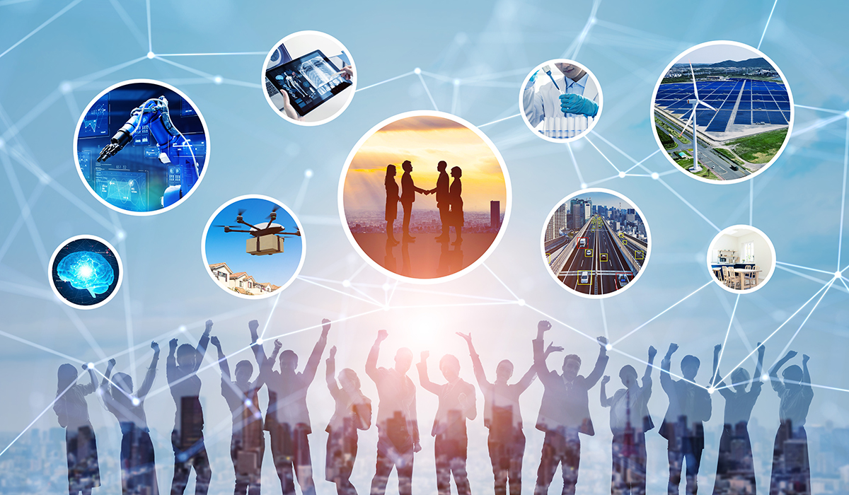 Concept of a network of various technologies related to society.