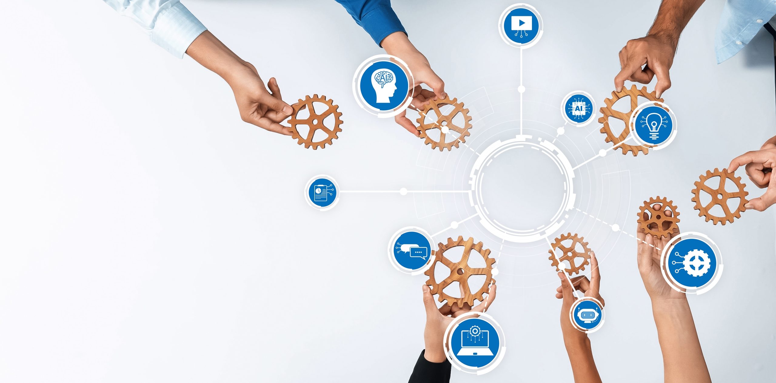 A diverse group of hands interact with gears and icons, symbolizing collaboration and the integration of artificial intelligence in a modern business context.